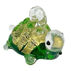 Glass Turtle Pendant Handmade Figurine Green Metallic Gold Tone Nick Nack Charm
