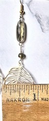 New Artisan Smoky Gray Glass Bead Bezel & Gold Tone Leaf Earrings 3×1″