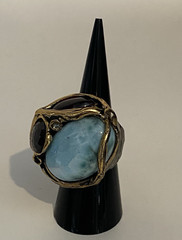 Unique Handcrafted Larimar Statement Ring Garnet Quartz Bronze Chunky 33g *Read