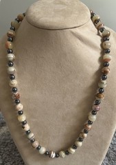 Artisan Agate hematite 26 inch beaded necklace Silvertone clasp