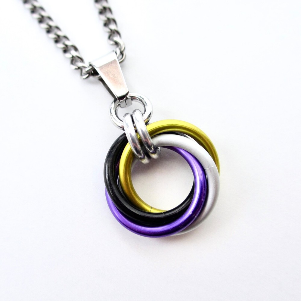 Nonbinary pride pendant, chainmail love knot handmade by TattooedAndChained