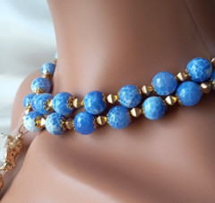 Agate Druzy Chunky Statement Double Strand Blue Gold Necklace Earrings Bracelet