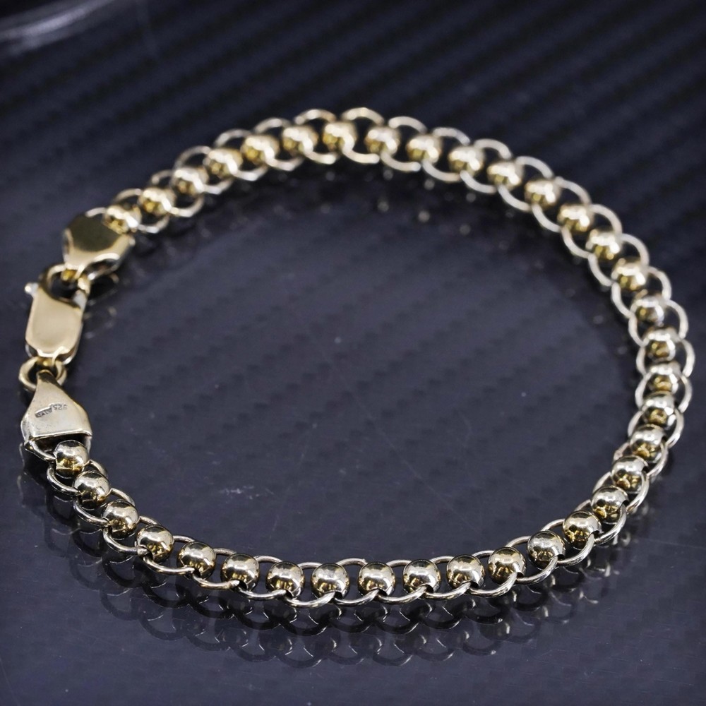 7.5” 7mm, vintage two tone Italy Sterling Silver 925 circle link Bracelet