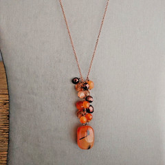 Beaded Burnt Orange Stone Glass Copper Tone Pendant Necklace Cascading Cluster