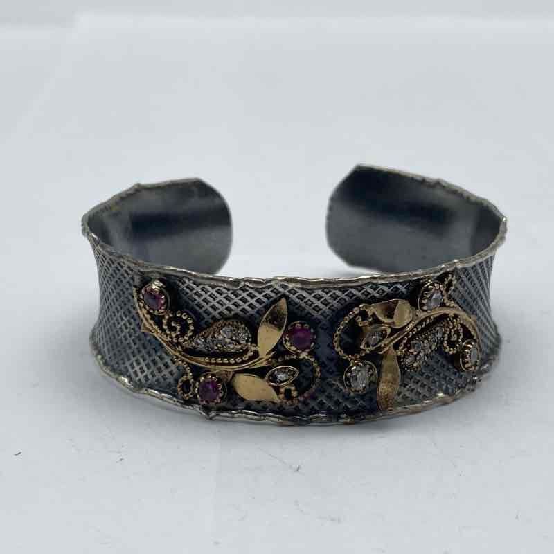 Sterling Silver 925 Red & Clear Stone Floral Cuff Bracelet Gold Tone Accents
