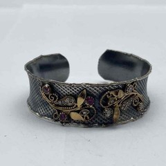 Sterling Silver 925 Red & Clear Stone Floral Cuff Bracelet Gold Tone Accents