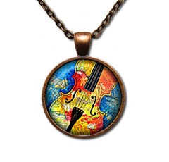 Colorful Cello Music Lover Handmade ROUND Glass Pendant Necklace Antique Copper