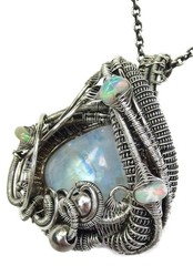 Rainbow Moonstone Pendant Necklace w Ethiopian Opals, Sterling Silver Wire Wrap