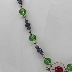 Vintage Green Purple Glass Bead Shell Pendant Necklace Handmade Artisan 20”