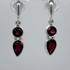 Faceted Red Drop and Round GARNET Post Earrings 925 STERLING SILVER #35-Pe