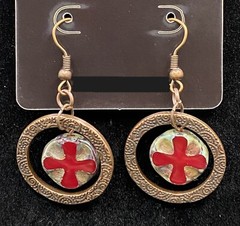 Handmade Textured Circle & Iron Cross Glass Bead Earrings by Neanie-Bot