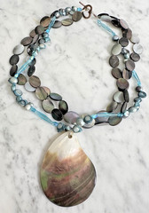 Artisan Blue Glass, Pearl, Shell Bead 3-Strand Pendant Toggle Necklace 17″