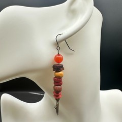 Long Wood Bead Dangle Earrings Red Orange Brown Stacked Tribal Boho Charm