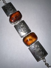 Vintage Amber Oval Cabochon Stone Link Bracelet, SS925 MEXICO 8.5in