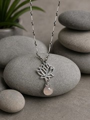 Sterling Lotus Flower Necklace With Wire-Wrap Moonstone Drop, 17” Bar-Link Chain