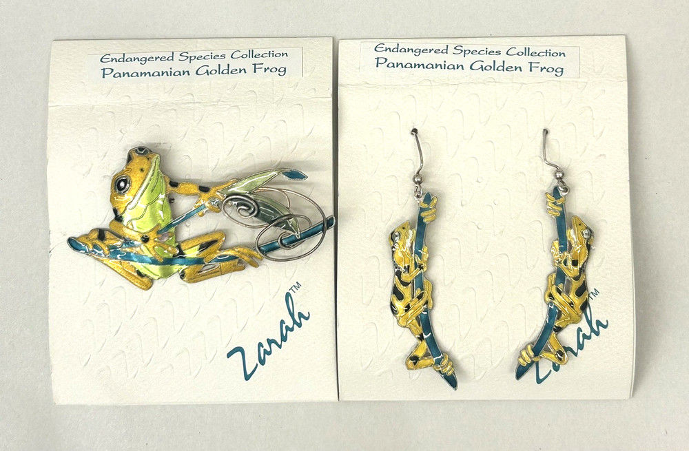 ZARAH Sterling Silver & Enamel Panamanian Golden Frog Brooch Earrings Set NEW