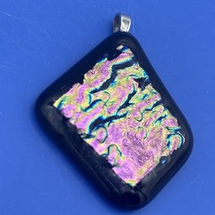 Handmade Dichroic Fused Glass Pendant Black Iridescent Pink Green 1.75”