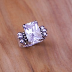 Size 7, Two Tone Sterling 925 silver shiny ring 14K gold beads rectangular cz