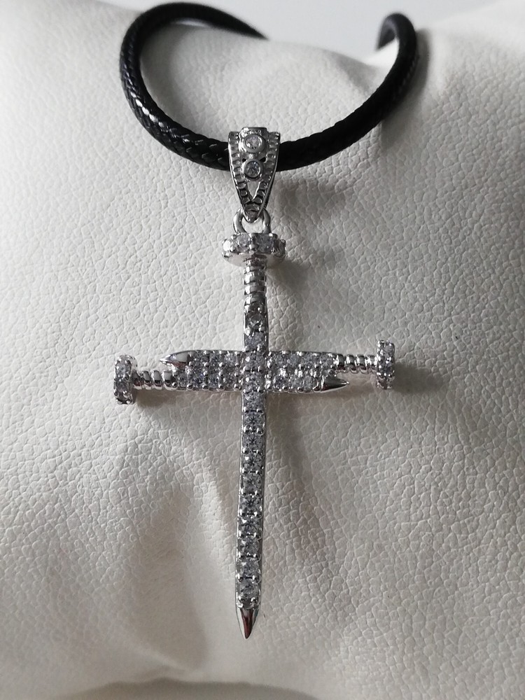 .970 Solid Silver Nail Cross Pendant With Cubic Circonia New