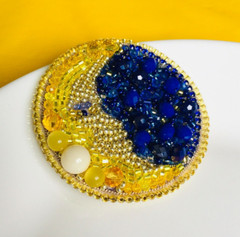Crescent moon beaded brooch, Embroidered celestial brooch, Moon face jewelry