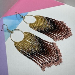 Handmade Gold Black Brown 3.75” Beaded Dangle Hoop Seed Bead Earrings Stainless