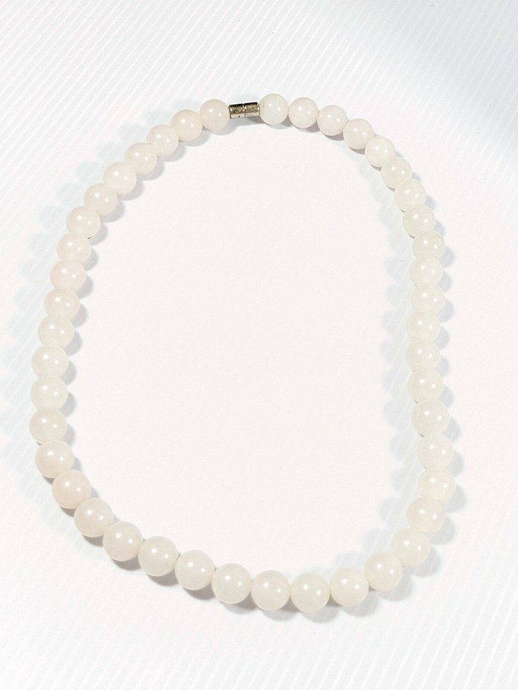 Artisan Pale Pink White Quartz Round Stone Bead Necklace 18 in Magnetic Clasp