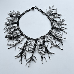 VTG Handmade Seed Bead Coral Fringe Statement Necklace Black White Boho Artwear