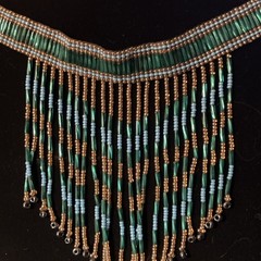 Handcrafted Beaded Fringe Necklace Green Blue Gold Glass Beads Beaded Loop 14″
