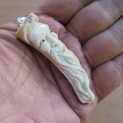 Mountain Man Wizard Carved Bone Pendant from Deer Antler with Plated Silver Bale