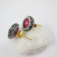 Hot Pink Freshwater Pearl Pave Earring, 22K Gold plated Sterling Silver Posts