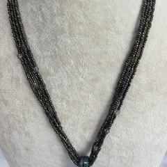 Studio Art Glass Pendant Necklace Blue Green Striped Multi Strand Seed Beads
