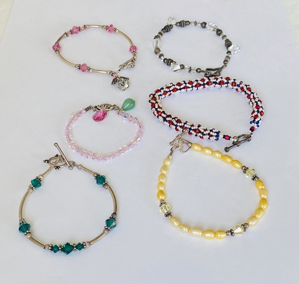 Lot Of 6 Sterling Silver Beaded Pearl Pink Clear Green Crystal Bracelets