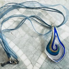 Large clear,blue and gold art glass pendant, cord necklace