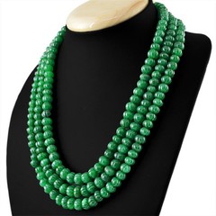 740.00 Cts Earth Mined 3 Strand Rich Green Emerald Round Carved Beads Necklace