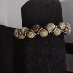 Handcrafted Bracelet Green & Brown Beads,Silver Rings Ring/Bar Clasp 7.5″