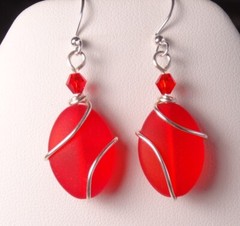 RED sea glass oval hand wired silver design dangle earrings with crystal accent