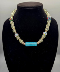 Artisan Blue Stone Millefiori Glass Bead Boho Necklace Silver Tone Hook Clasp