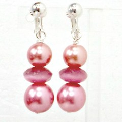 Clipon earrings fat faux pearls pink dangle handmade