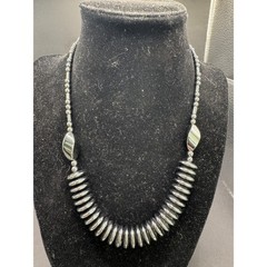 Vintage Heavy Chunky Hematite Disc Pendant Beaded Necklace Barrel Clasp 17.5″