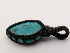 Natural Turquoise Stone Cord Wrapped Macrame Pendant Charm. 41mm x 22mm. 3 Grams