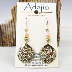 Adajio Earrings Soft Olive and Apricot Retro Floral Disc with Gold Plated Circle