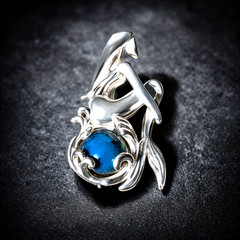 Natural Clear Volcanic Blue Amber .925 Sterling Silver Mermaid Nixe Pendant