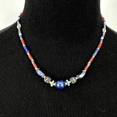 BOHEMIAN beaded necklace – sterling silver lapis lazuli coral & turquoise 17″