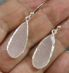 Teardrop Rose Quartz Druzy .925 Sterling Silver Hook Earrings 1 3/4 #3