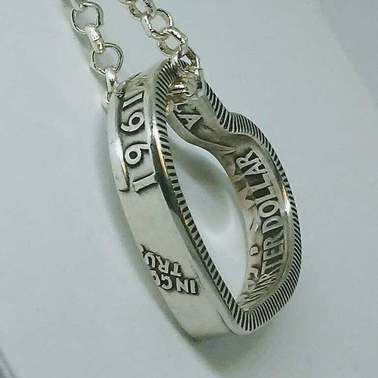Heart Pendant made from US SILVER QUARTER coin ring 1940-1964 with chain