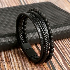 Men Braided Leather Bracelet Natural Tiger Eye Lapis Lazuli Stone Magnetic Clasp