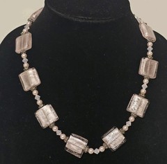 Handmade Soft Pink Glass Square Bead Necklace Faux Pearls & Crystal 20″ 3oz Glam