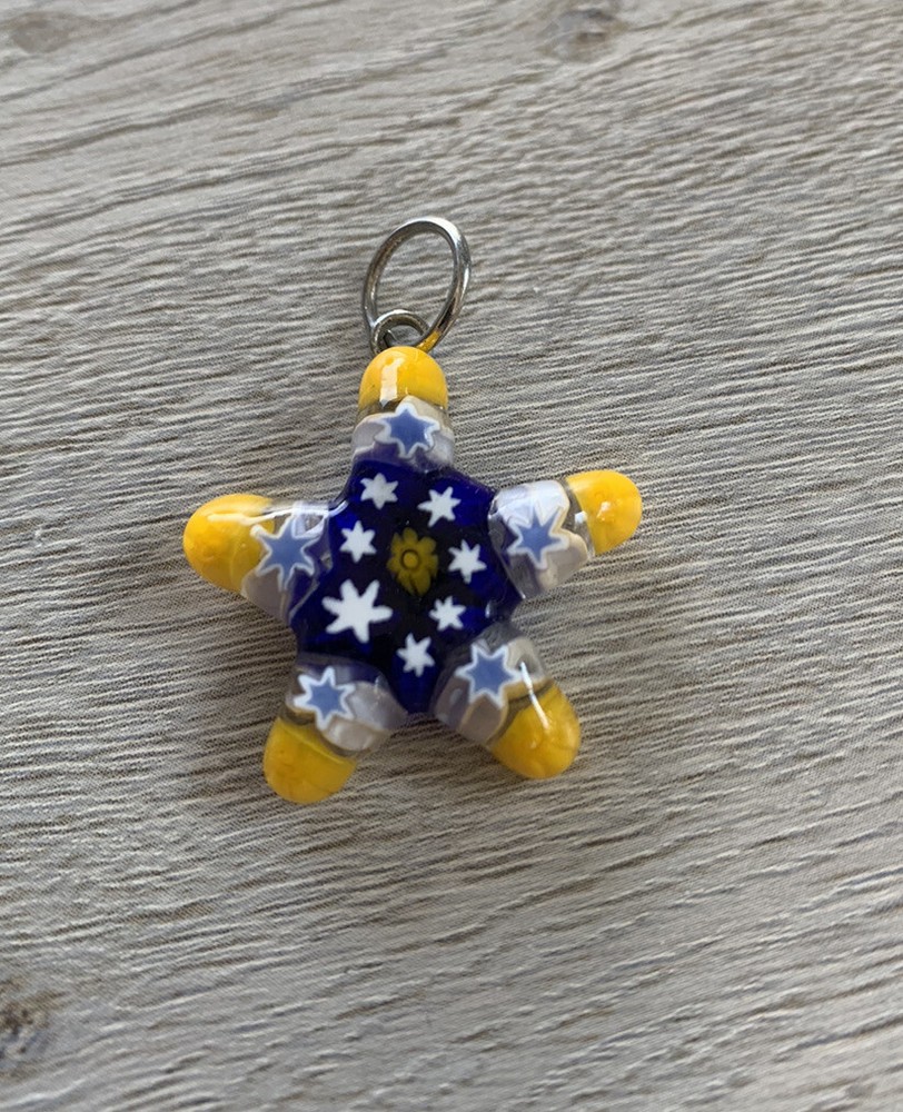 Murano Glass Handcrafted Jewelry Star Pendant 1” From Italy Blue,Yellow, White