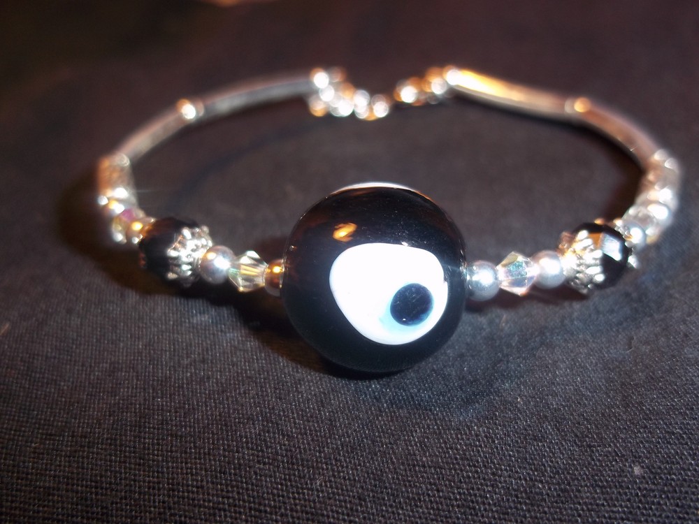 Tibetan Silver BLACK Evil Eye & BLACK & CLEAR Crystal Bead CUFF Bracelet B-65
