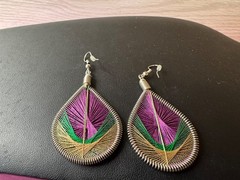 String Art Earings Tear Drop Shape Purple Greens 2″ Drop